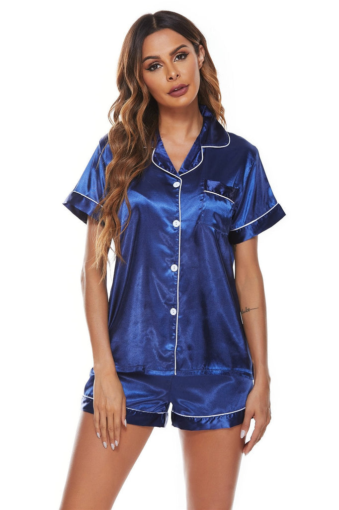 Fashion Women Pajama Stain Silk Ladies Round Neck Short Sleeved Pajamas Set