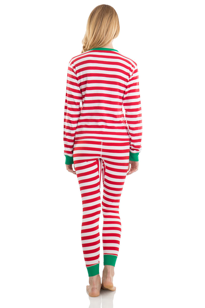 Elowel Adult Womens Mens Red And White  Christmas Fitted Striped Pajamas 100% Cotton