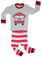 Elowel Little Boys Fire Truck 2 Piece Pajama Set 100% Cotton (Size 2-8) Grey