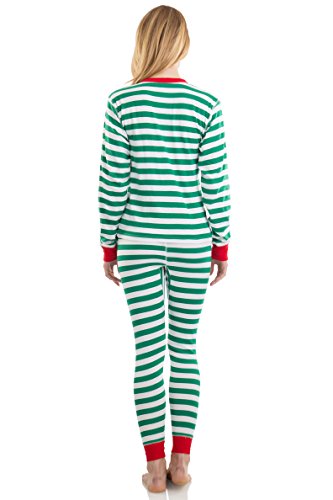 Elowel Adult Womens Mens Green And White  Christmas Fitted Striped Pajamas 100% Cotton