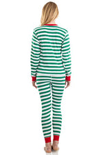 Elowel Adult Womens Mens Green And White  Christmas Fitted Striped Pajamas 100% Cotton