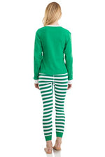 Elowel Adult Womens Mens Green Top & Green White Pants  Christmas Fitted Striped Pajamas 100% Cotton