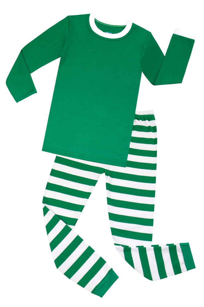 Elowel Boys Girls Christmas Green Top & Green White Pants 2 Piece Kids Pajamas Set 100% Cotton 6M-12Y