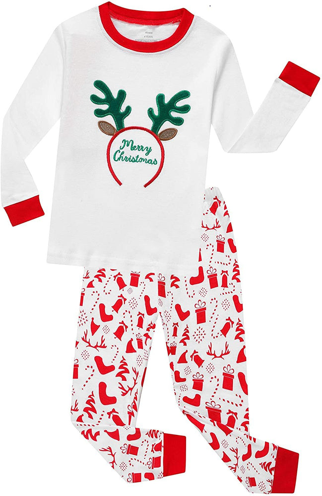 Elowel Boys Girls White Merry Christmas 2 Piece Kids Pajamas Set 100% Cotton 6M-12Y