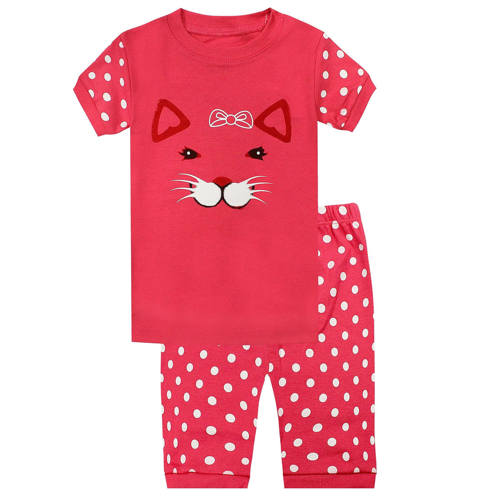Elowel Girls Cat Face 2 Piece Pajama Set 100% Cotton (Toddler, Little & Big Girls)