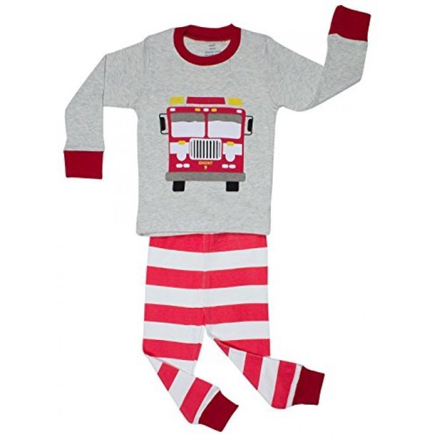 Elowel Little Boys Fire Truck 2 Piece Pajama Set 100% Cotton (Size 2-8)