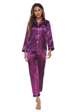 Elowel Silk Satin Pajama Set for Women - Satin PJs Button Down Sleepwear - Full Sleeve Satin Pajamas Women Loungewear Color Purple