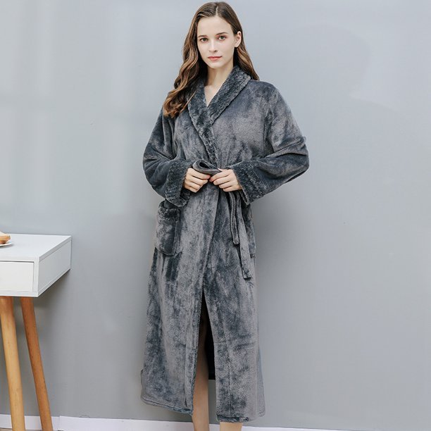 Elowel Adult's Unisex Hooded Grey fleece robe womens Bathrobe Size M- XL