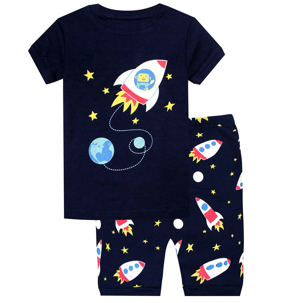 Elowel Boys Short Space Rocket 2 Piece Pajama Set 100% Cotton (Toddler, Little & Big Boys)