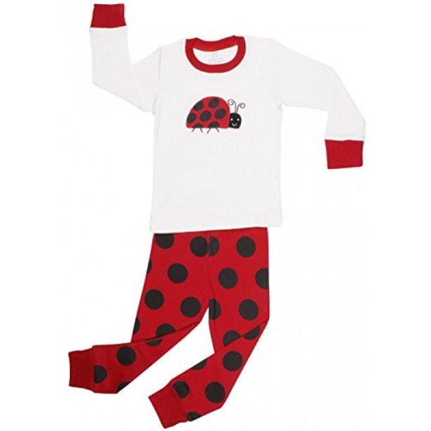 Elowel Black and Red Ladybug Dot 2-Pc long sleeve white shirt Pajama Set 100% Cotton Size 12 M-12 Years