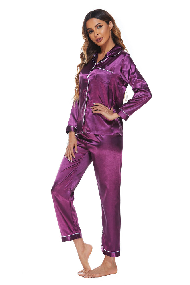 Elowel Silk Satin Pajama Set for Women - Satin PJs Button Down Sleepwear - Full Sleeve Satin Pajamas Women Loungewear Color Purple