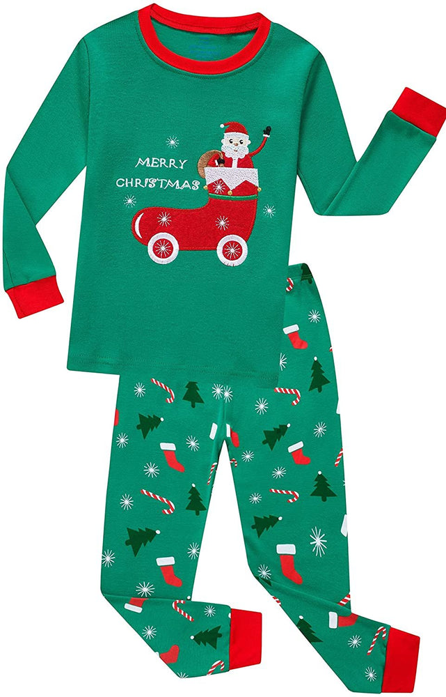 Elowel Boys Girls Santa Sock Christmas 2 Piece Kids Pajamas Set 100% Cotton Size 7 Green