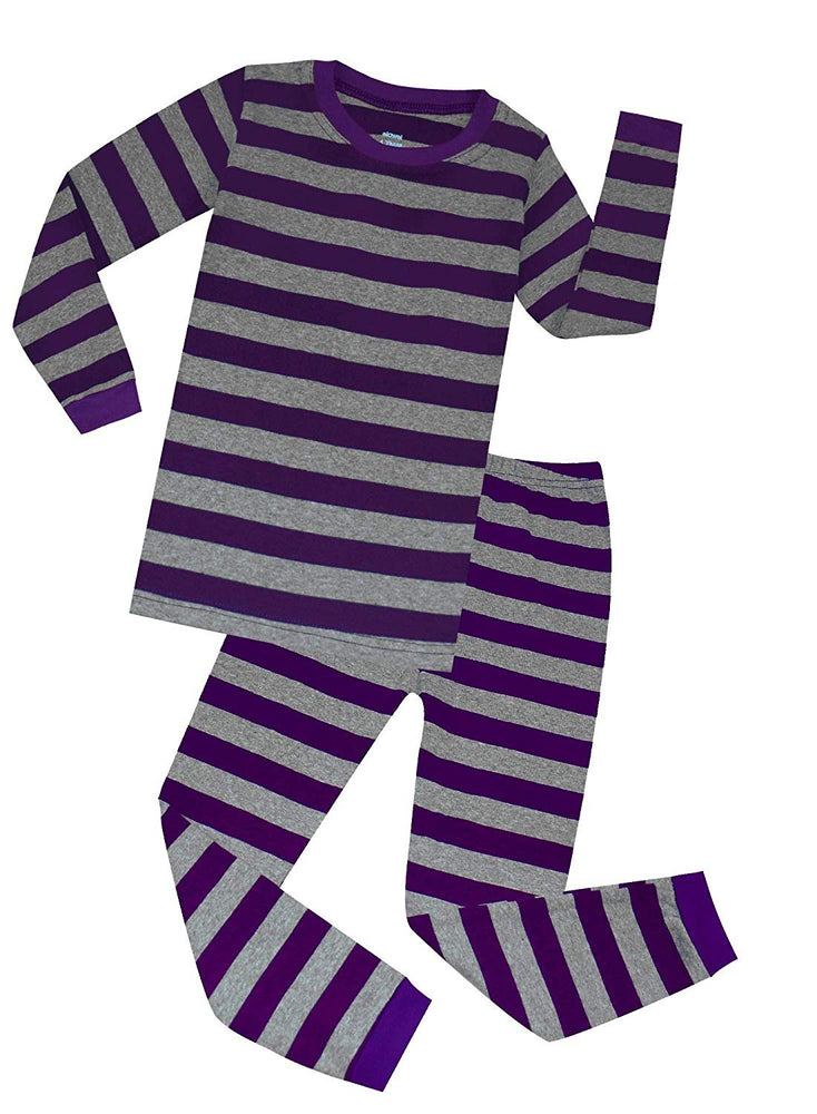 Elowel Boys Girls Purple and Grey Stripe 2 Piece Pajama Set 100% Cotton (Size 12 M-12 Years)