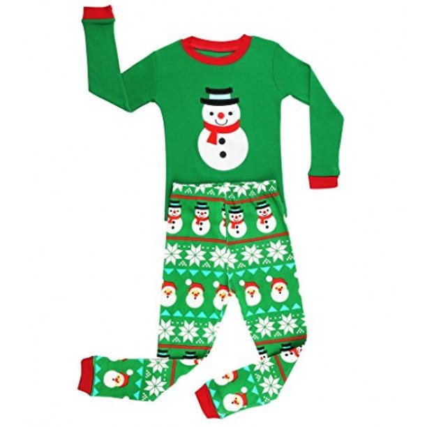 Elowel Kid's Pajamas Green Snowmen 2 Piece Pajama Set