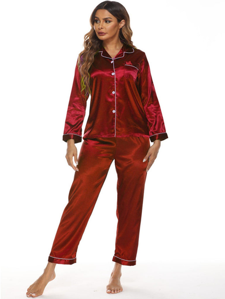 Buy Satin Pajamas Long Sleeve Button Pajama Set from Elowel.