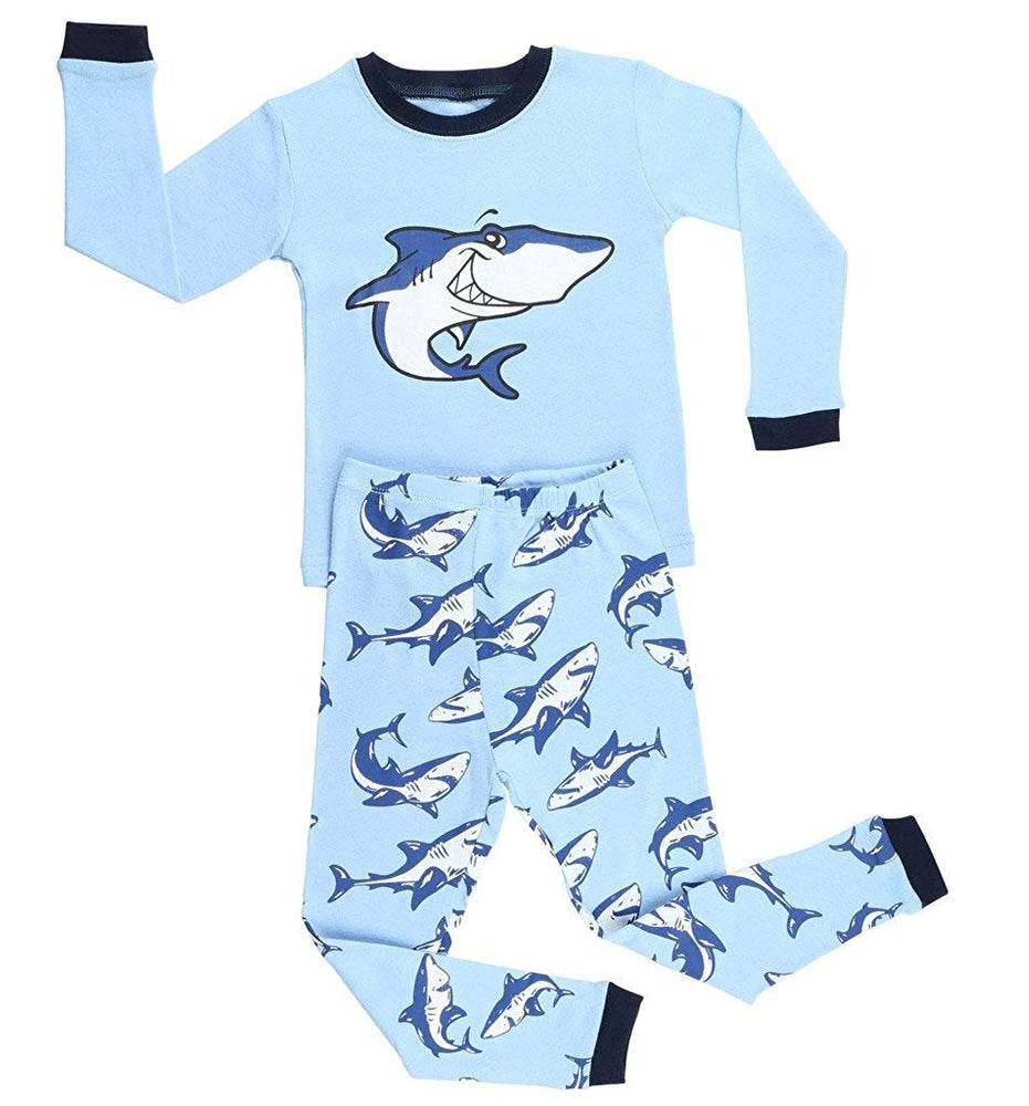 Elowel Boys Blue Shark 2 Piece Pajama Set 100% Cotton (Size12M-8Y)