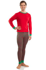Elowel Adult Womens Mens Red Top & Red Green Pants  Christmas Fitted Pajamas 100% Cotton