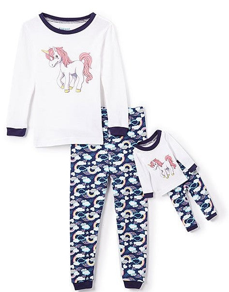 Elowel Unicorn Matching Girls & Doll 2 Piece s Pajamas Set 100% Cotton (Size 12M-12Y)